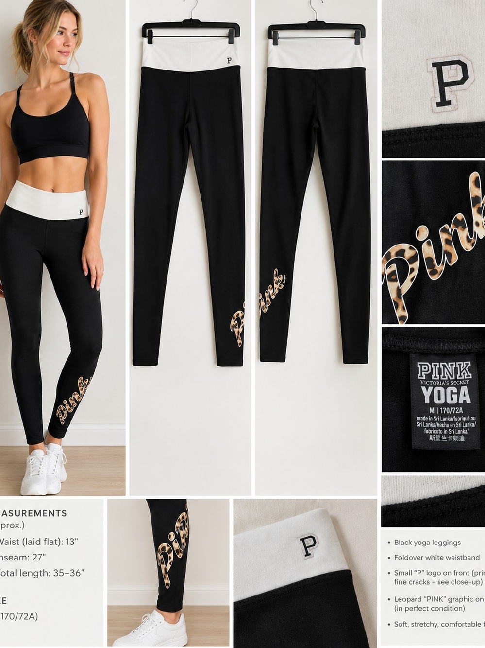 Victoria’s Secret PINK Y2K Yoga Leggings M Foldover Leopard Logo Black White